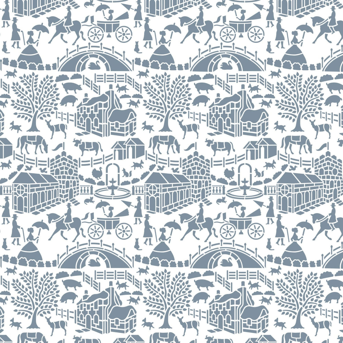 English storybook wall stencil pattern shown in blue and white with houses, animals and people design with repeating motifs, ideal for DIY wall painting and interior decor projects.