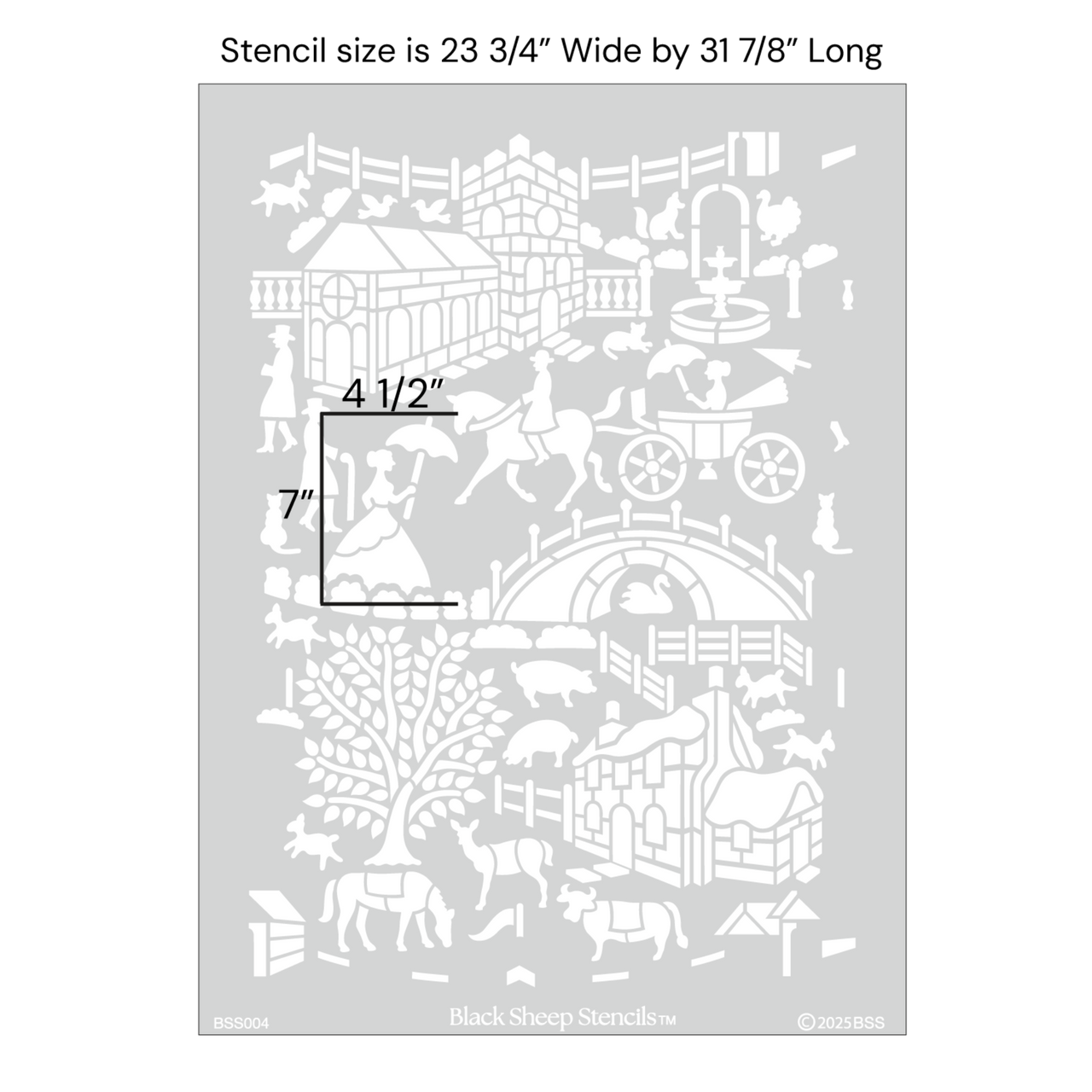 English storybook wall stencil with product dimensions showing 23 2/4 inches wide by 31 7/8 inches long.