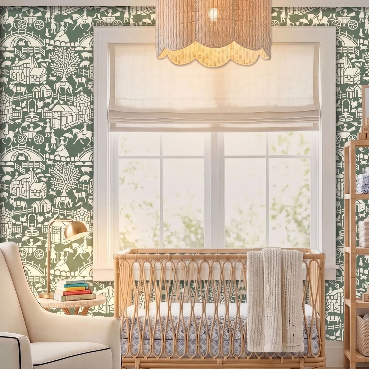 English storybook wall stencil applied in a nursery featuring a crib, a chair, a hanging light and a window, and natural highlighting the dark green and white painted stencil on the wall.