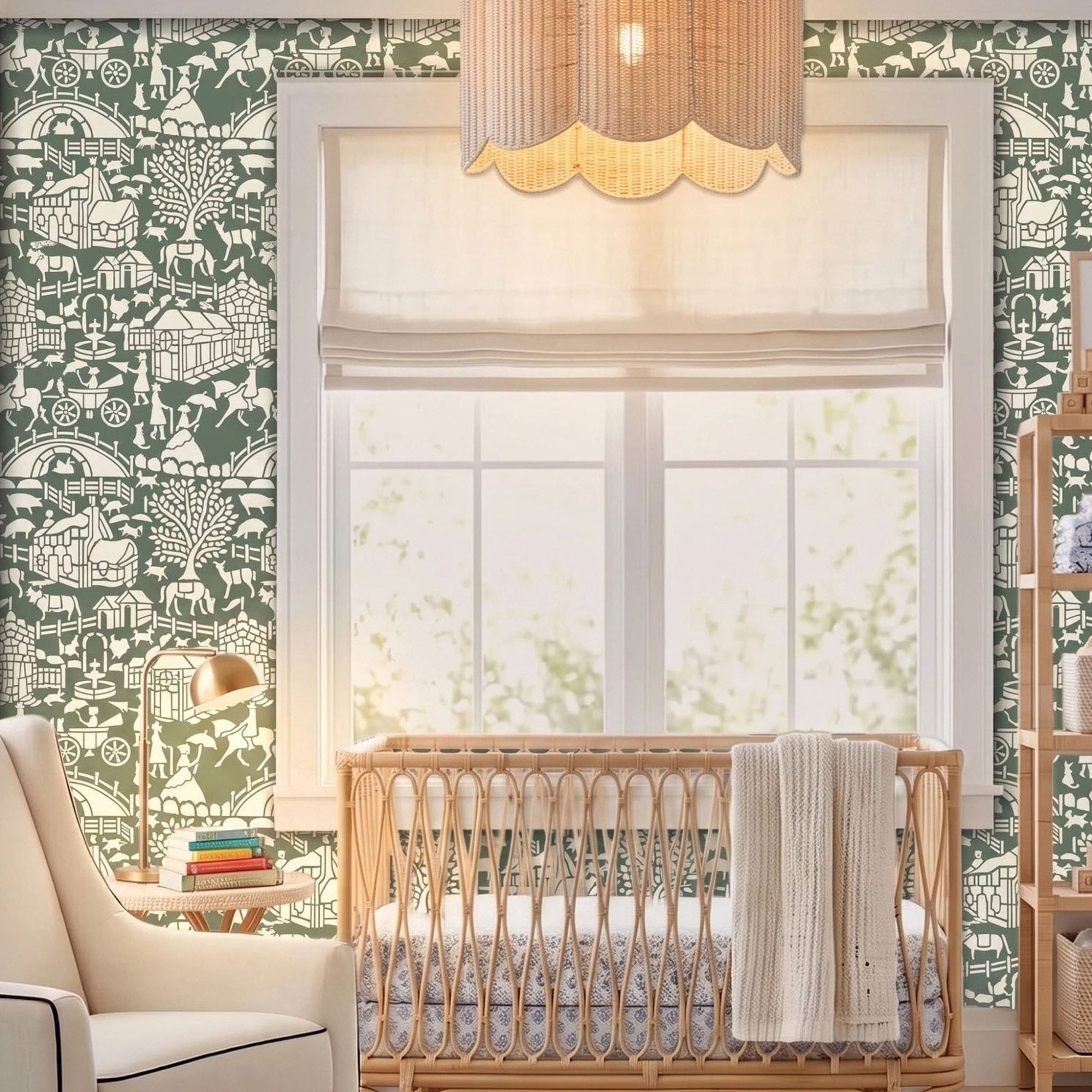 English storybook wall stencil applied in a nursery featuring a crib, a chair, a hanging light and a window, and natural highlighting the dark green and white painted stencil on the wall.