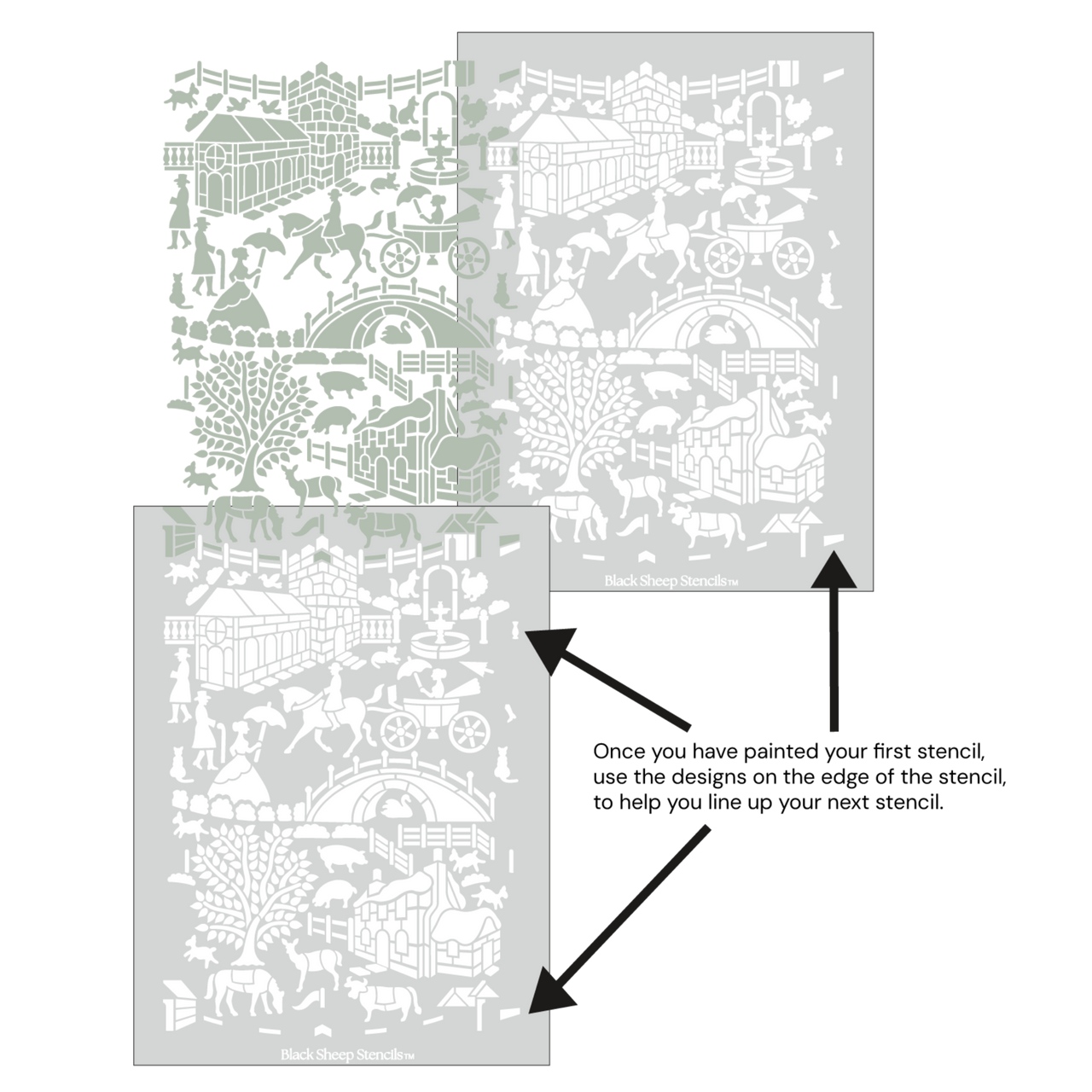 English storybook wall stencil shown with alignment guides, demonstrating how to line up overlapping stencil sheets for continuous floral pattern during DIY wall painting.