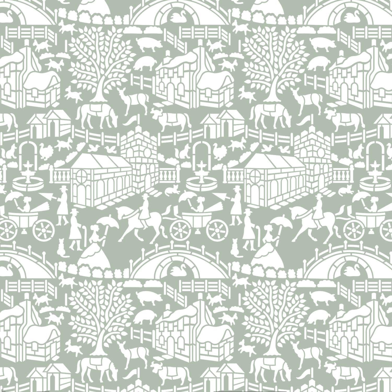 English storybook wall stencil pattern shown in green and white with houses, animals and people design with repeating motifs, ideal for DIY wall painting and interior decor projects.