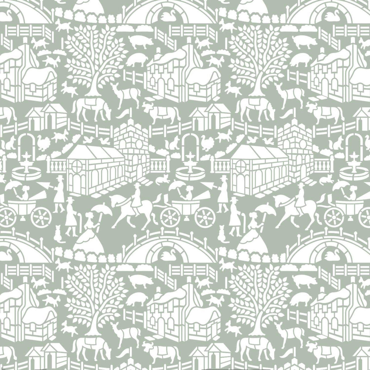 English storybook wall stencil pattern shown in green and white with houses, animals and people design with repeating motifs, ideal for DIY wall painting and interior decor projects.