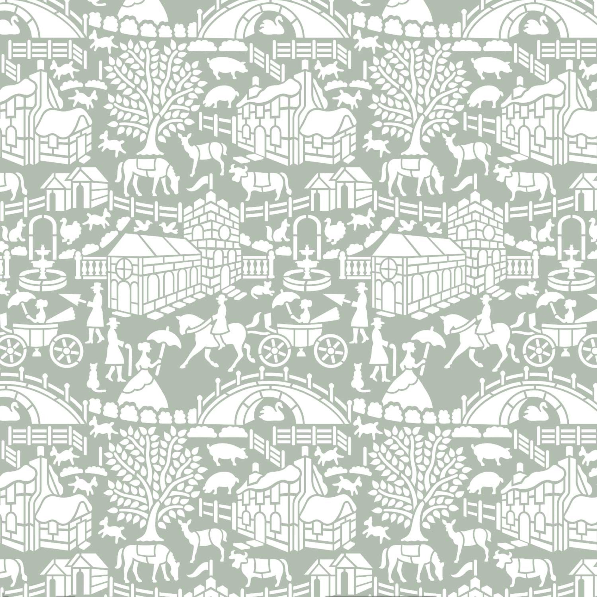 English storybook wall stencil pattern shown in green and white with houses, animals and people design with repeating motifs, ideal for DIY wall painting and interior decor projects.