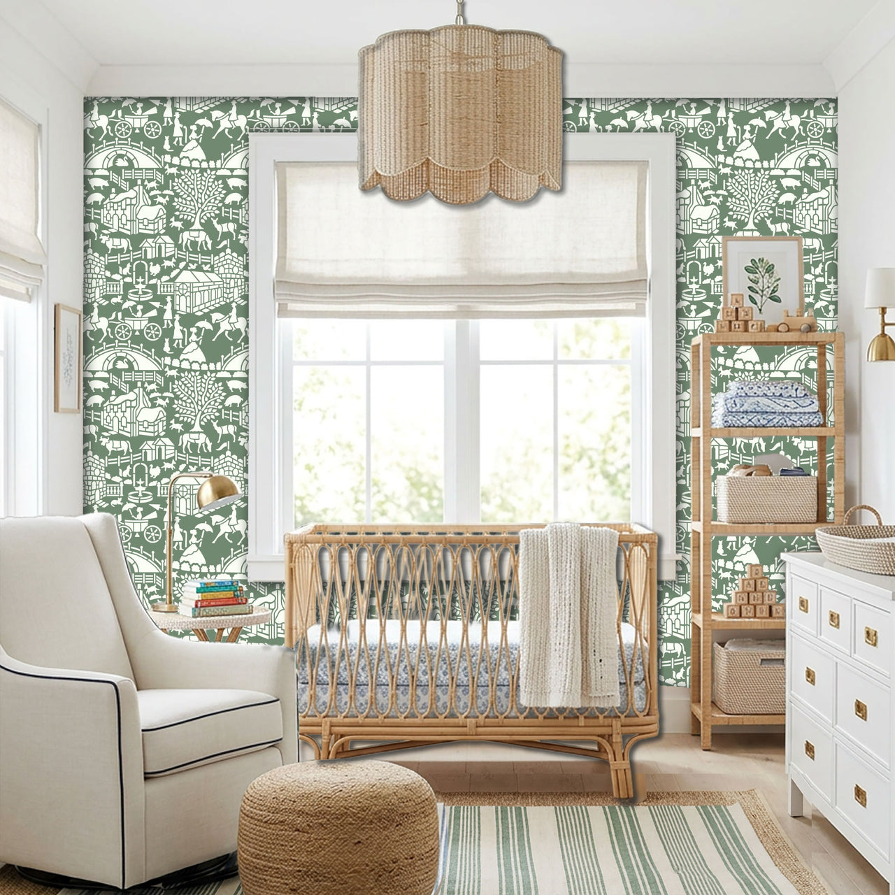 English storybook wall stencil applied in a nursery featuring a crib, a chair, a hanging light and a window, white chest of drawers and natural highlighting the dark green and white painted stencil on the wall.