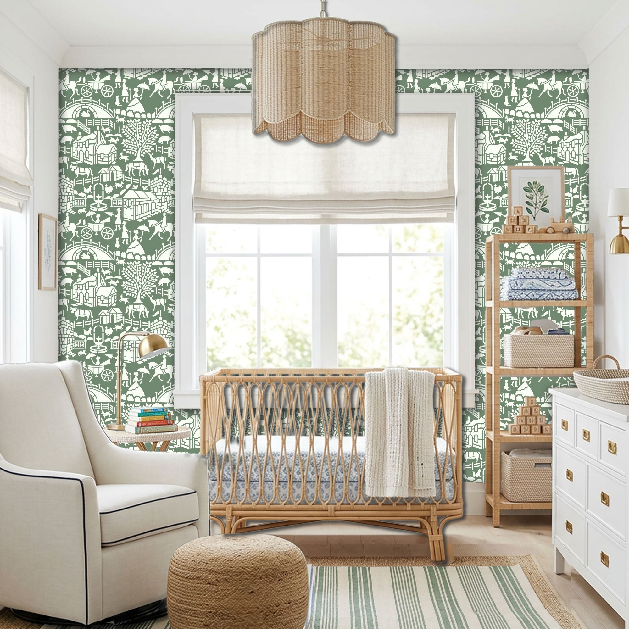 English storybook wall stencil applied in a nursery featuring a crib, a chair, a hanging light and a window, white chest of drawers and natural highlighting the dark green and white painted stencil on the wall.