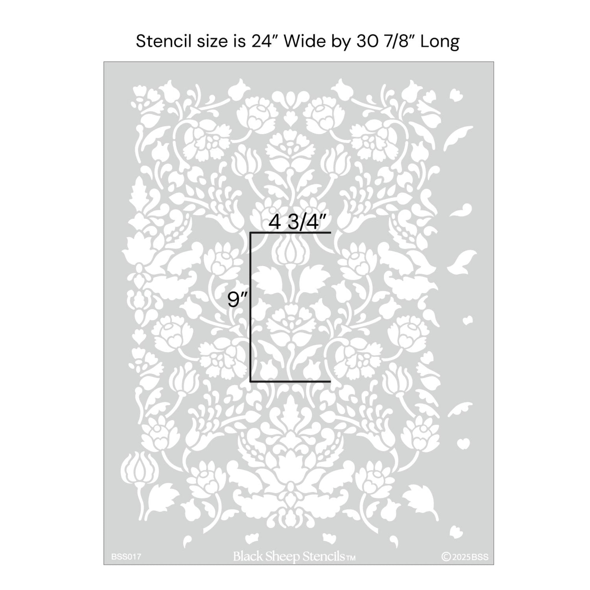 Spear thistle wall stencil with product dimensions showing 24 inches wide by 30 7/8 inches long.