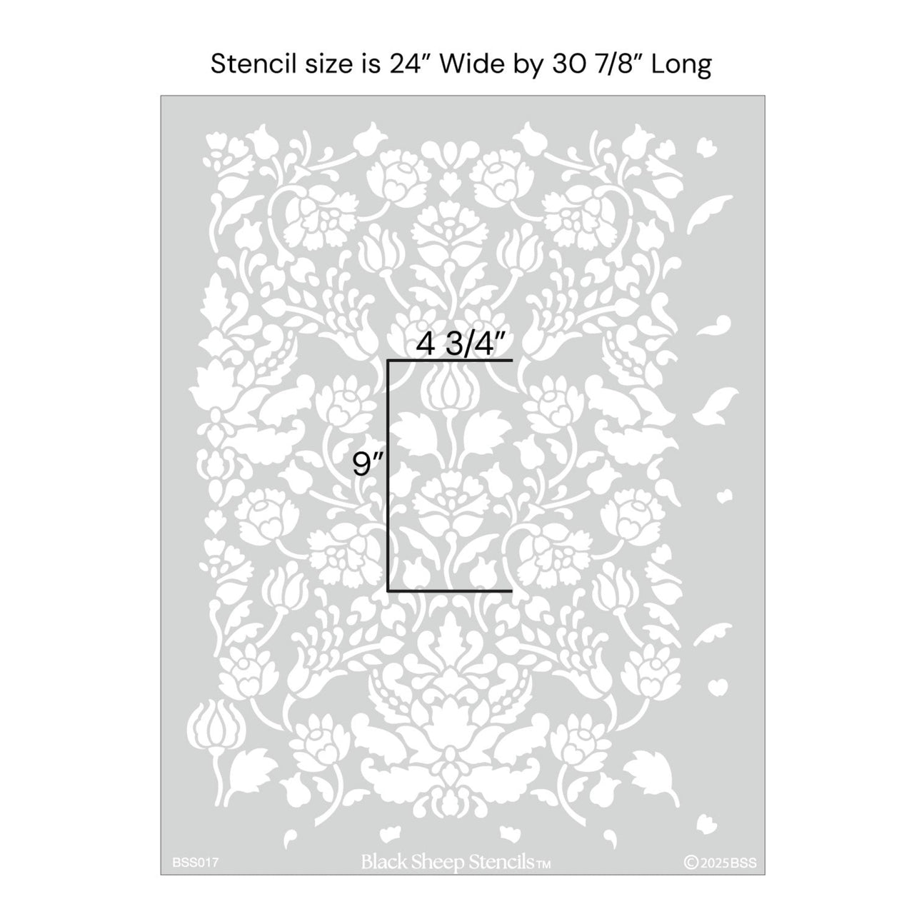 Spear thistle wall stencil with product dimensions showing 24 inches wide by 30 7/8 inches long.
