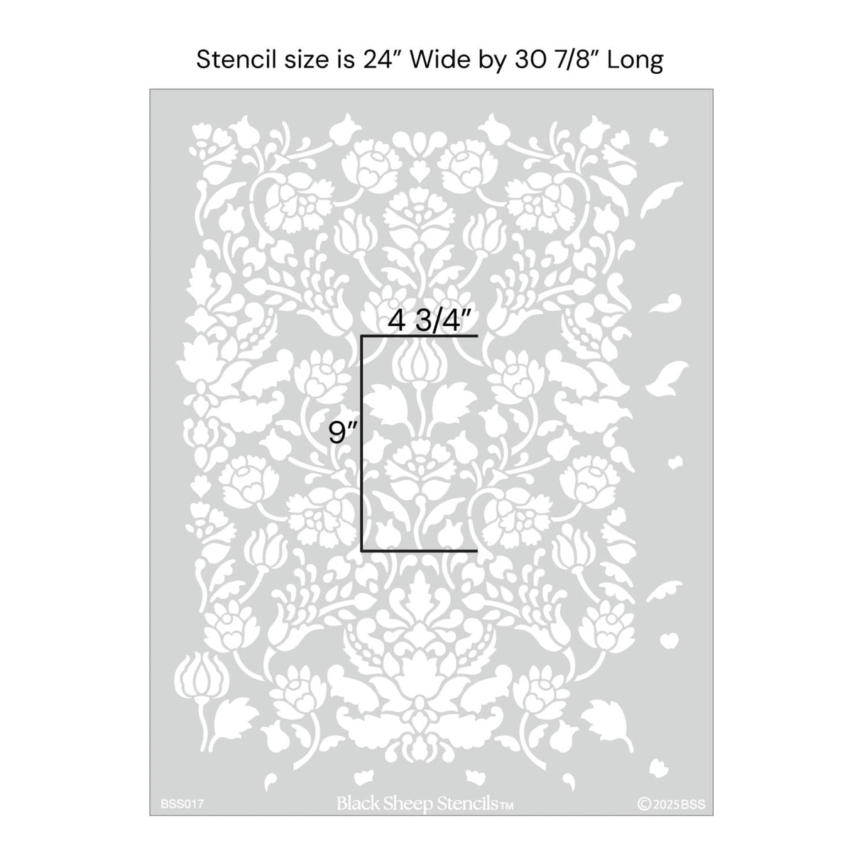 Spear thistle wall stencil with product dimensions showing 24 inches wide by 30 7/8 inches long.