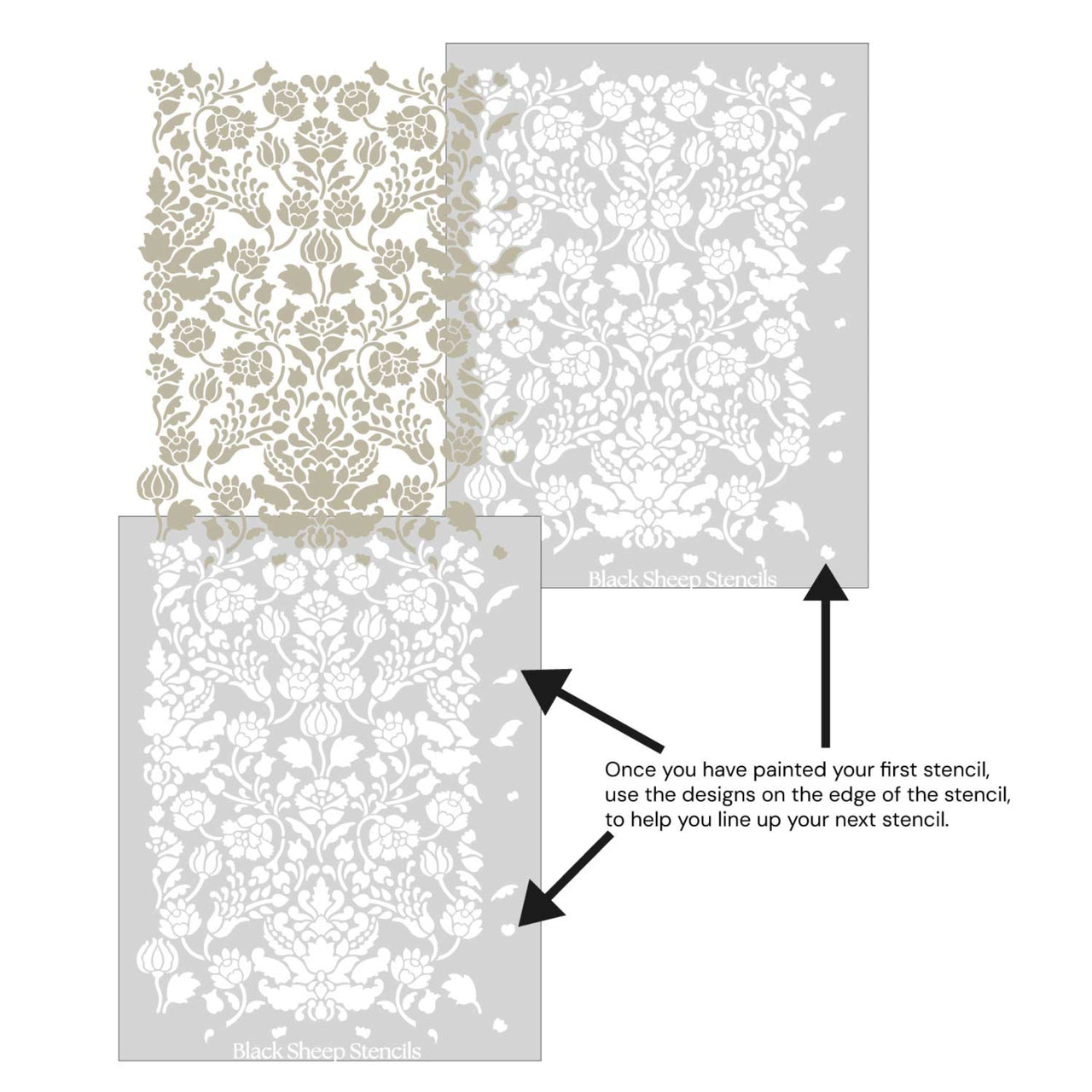 Floral damask wall stencil shown with alignment guides, demonstrating how to line up overlapping stencil sheets for continuous floral pattern during DIY wall painting.