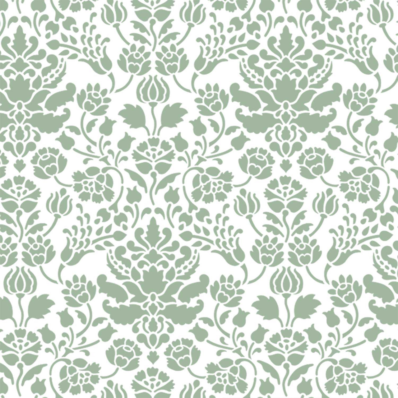 Floral damask wall stencil pattern shown in green and white floral design with repeating motifs, ideal for DIY wall painting and interior decor projects.