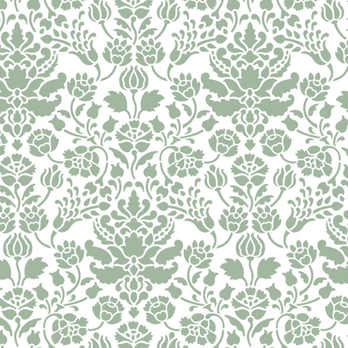 Floral damask wall stencil pattern shown in green and white floral design with repeating motifs, ideal for DIY wall painting and interior decor projects.