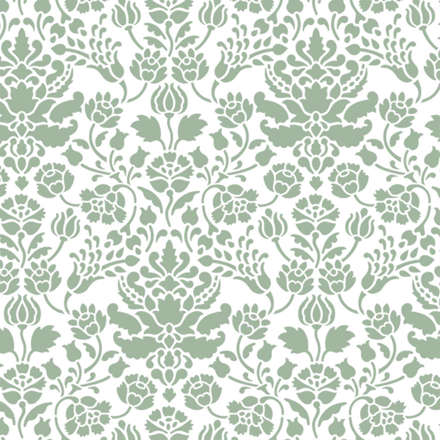 Floral damask wall stencil pattern shown in green and white floral design with repeating motifs, ideal for DIY wall painting and interior decor projects.