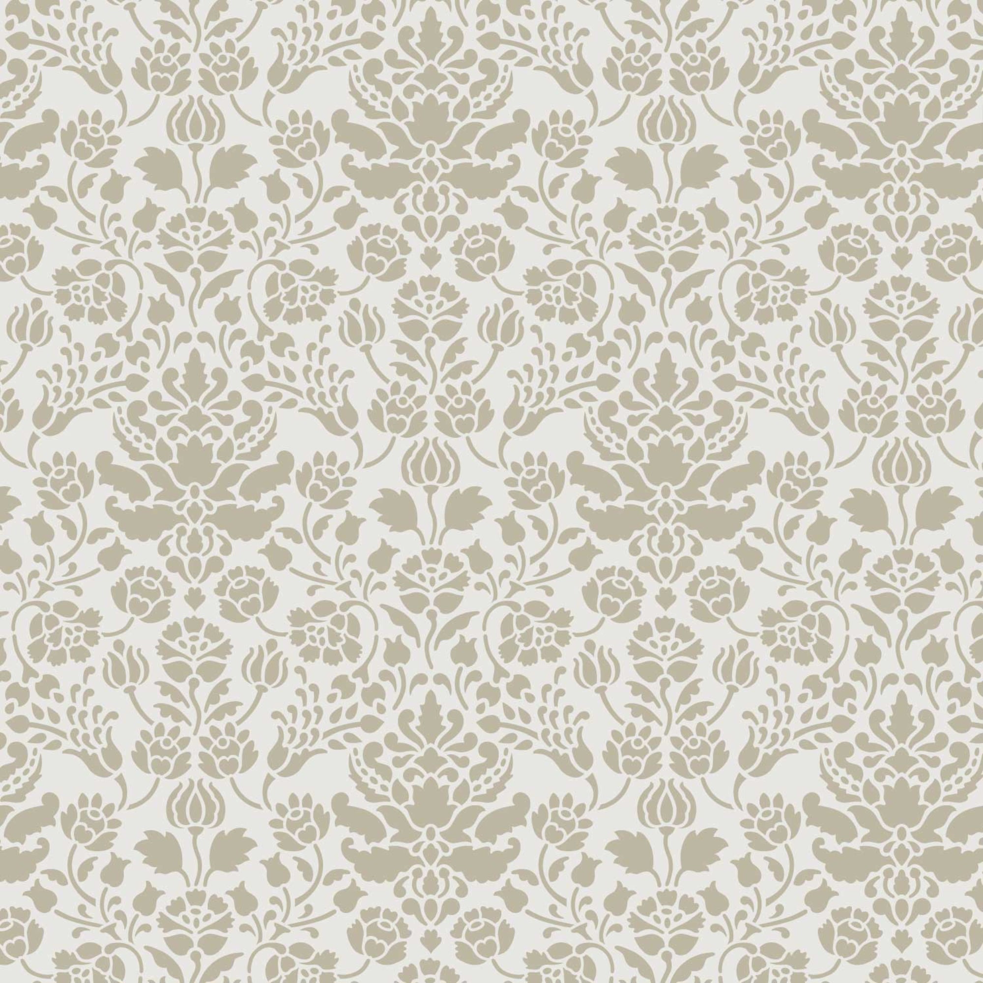 Floral damask wall stencil pattern shown in gray and taupe floral design with repeating motifs, ideal for DIY wall painting and interior decor projects.