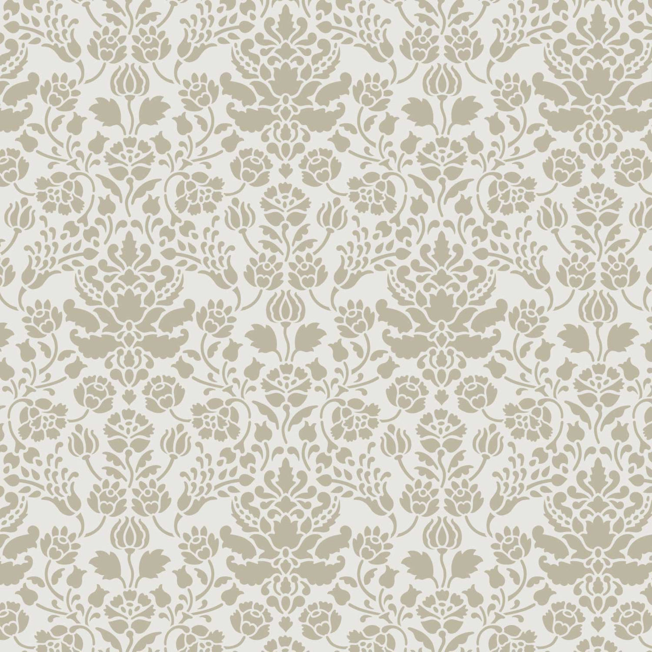 Floral damask wall stencil pattern shown in gray and taupe floral design with repeating motifs, ideal for DIY wall painting and interior decor projects.