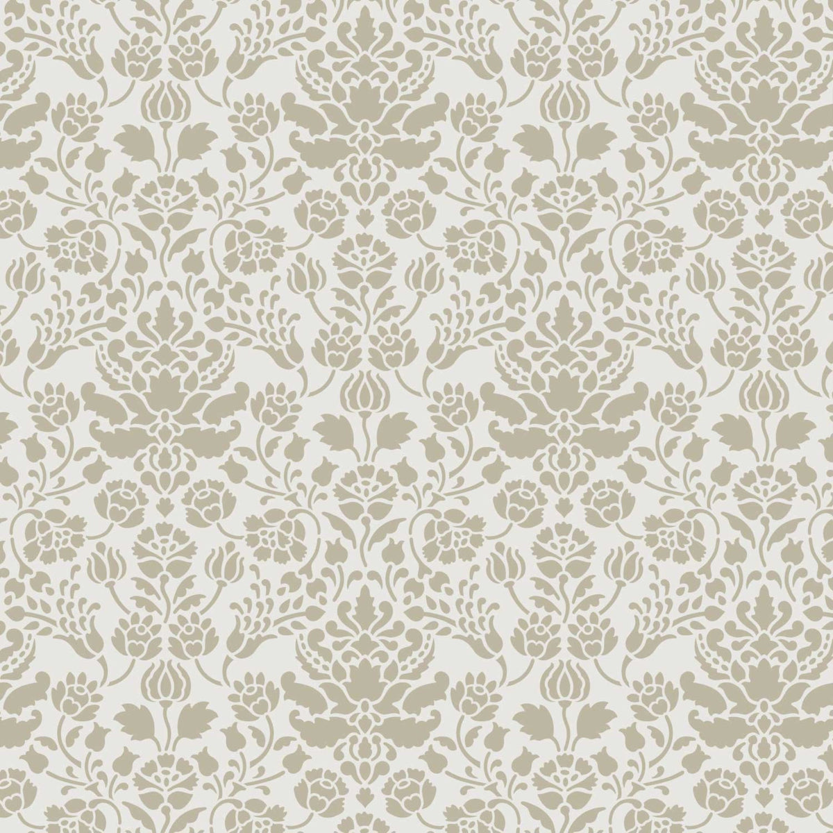 Floral damask wall stencil pattern shown in gray and taupe floral design with repeating motifs, ideal for DIY wall painting and interior decor projects.