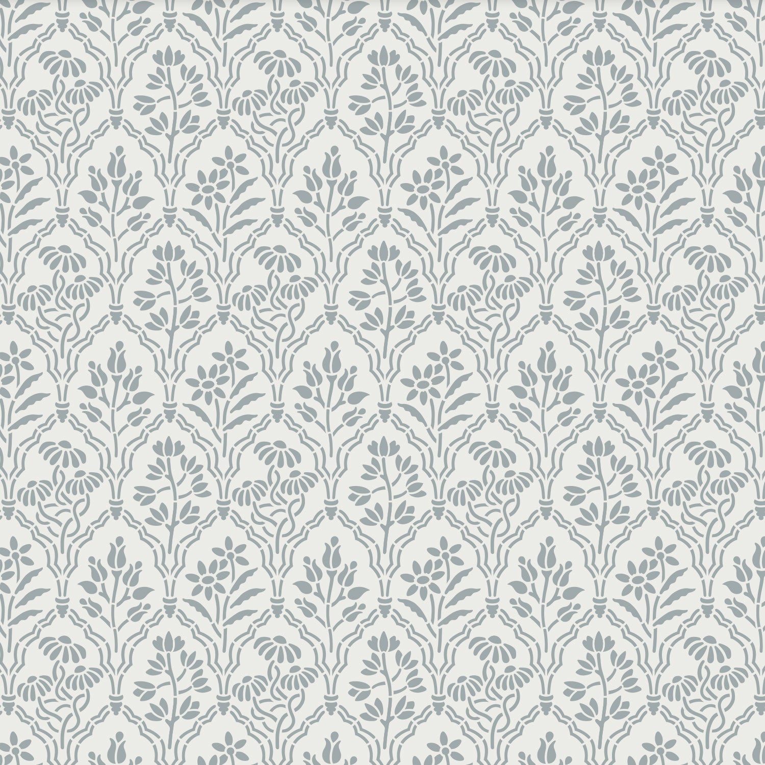 Floral Gallery stencil painted  in a muted blue-gray on a warm off-white background.