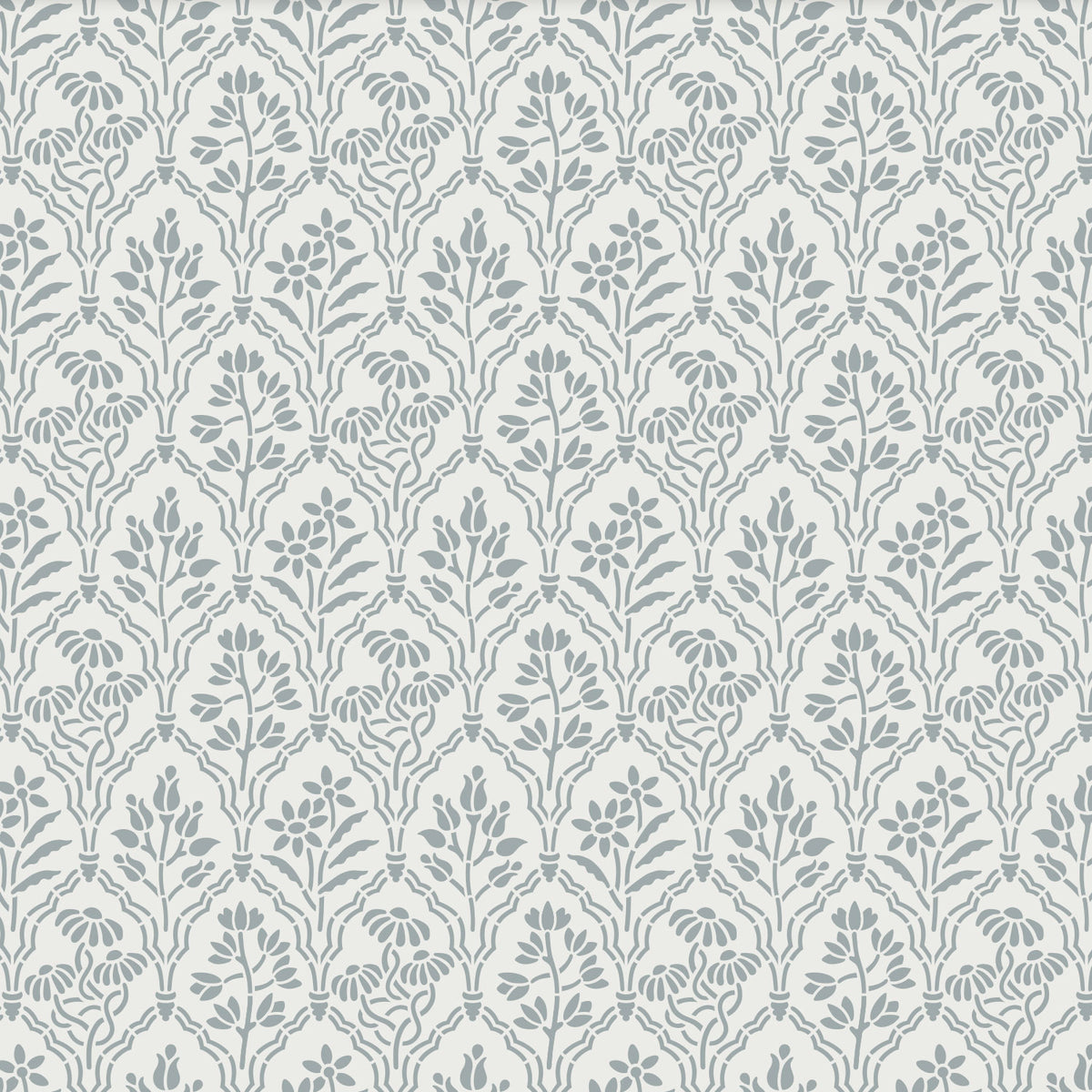 Floral Gallery stencil painted  in a muted blue-gray on a warm off-white background.