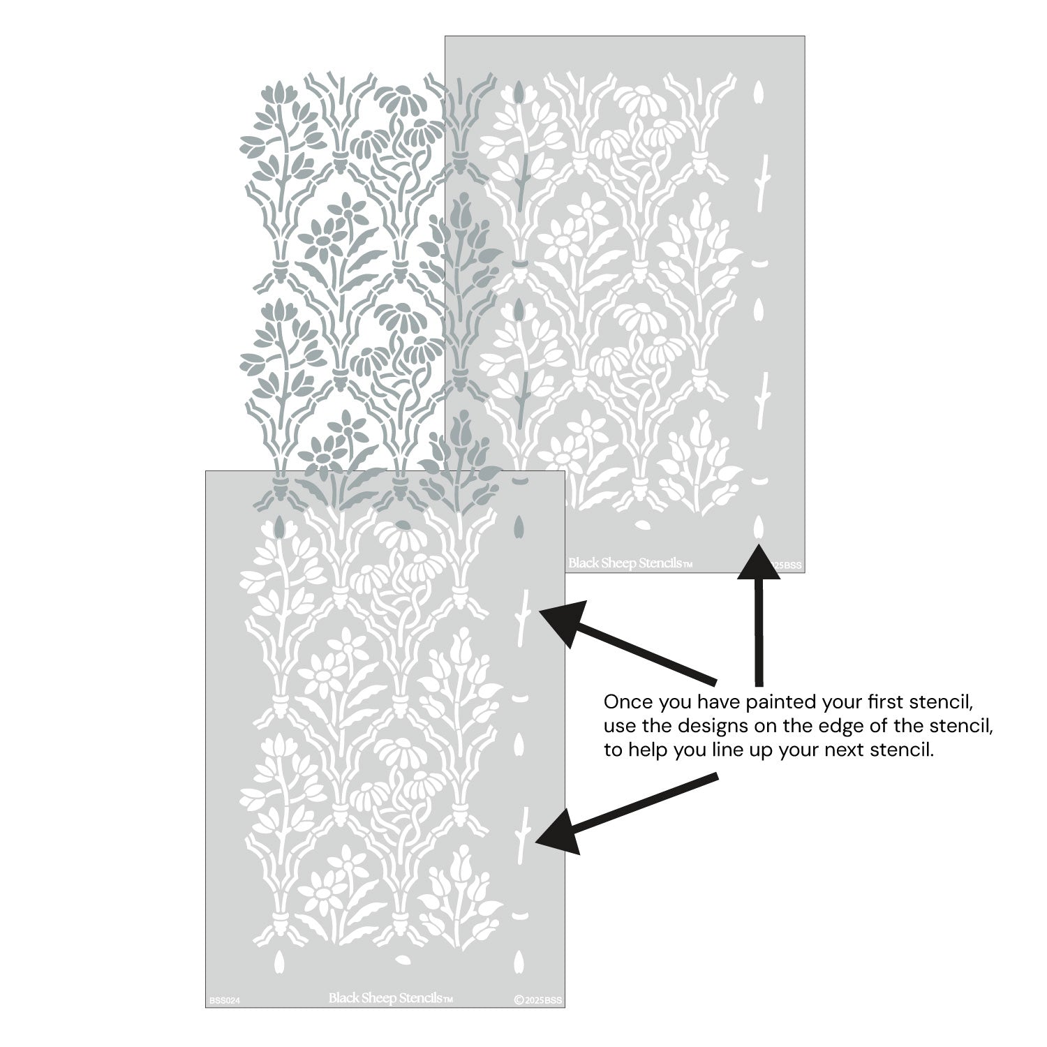 Floral Gallery wall stencil shown with alignment guides, demonstrating how to line up overlapping stencil sheets for continuous floral pattern during DIY wall painting.