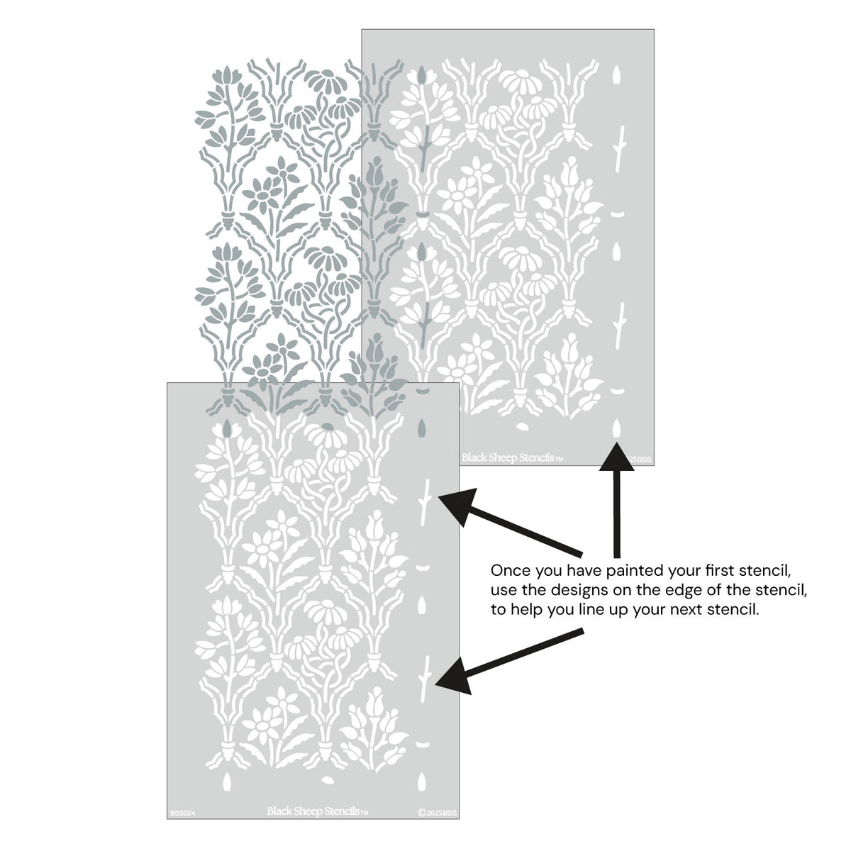 Floral Gallery wall stencil shown with alignment guides, demonstrating how to line up overlapping stencil sheets for continuous floral pattern during DIY wall painting.