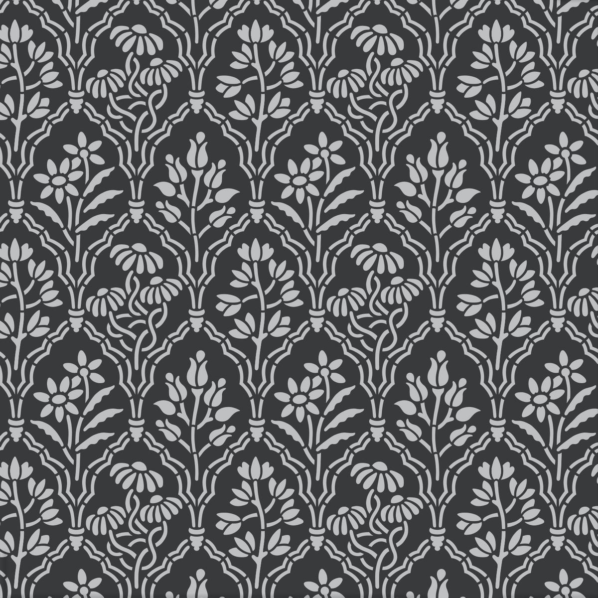 Floral Gallery stencil painted in light gray on a dark charcoal gray background.