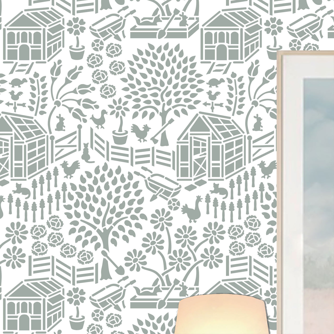 Floral Garden wall stencil pattern with greenhouse, trees, flowers and animals in a soft green and white with repeating motifs, ideal for DIY wall painting and interior decor projects.