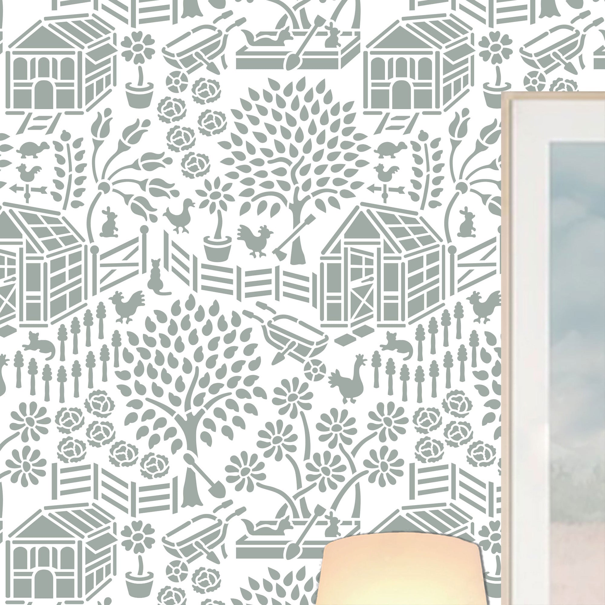 Floral Garden wall stencil pattern with greenhouse, trees, flowers and animals in a soft green and white with repeating motifs, ideal for DIY wall painting and interior decor projects.