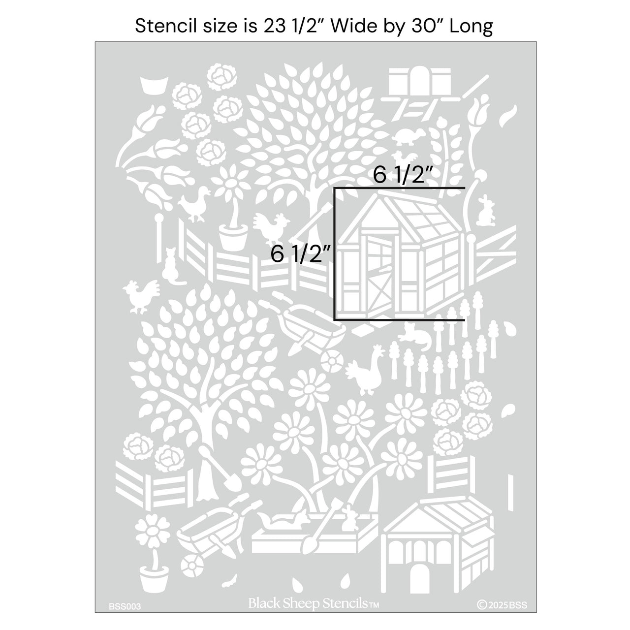 Floral garden wall stencil with product dimensions showing 23 1/2 inches wide by 30 inches long.