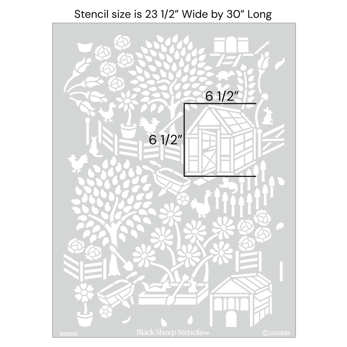 Floral garden wall stencil with product dimensions showing 23 1/2 inches wide by 30 inches long.