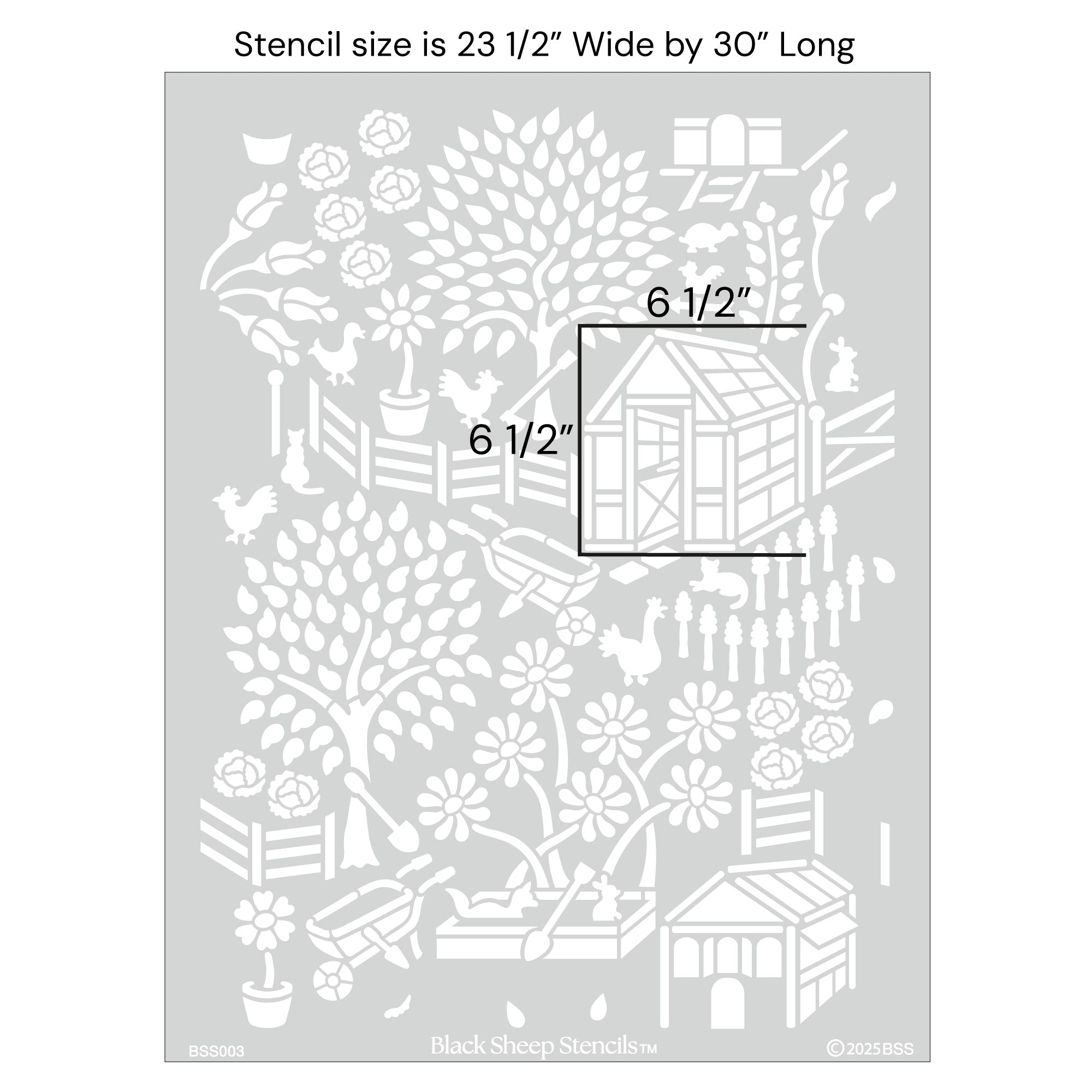Floral garden wall stencil with product dimensions showing 23 1/2 inches wide by 30 inches long.