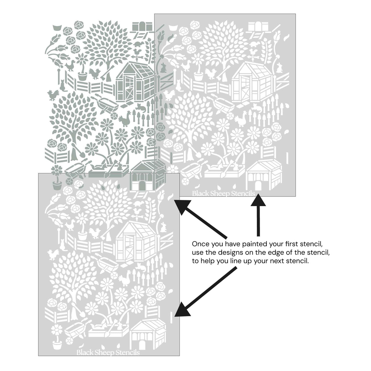 Floral garden wall stencil shown with alignment guides, demonstrating how to line up overlapping stencil sheets for continuous floral pattern during DIY wall painting.