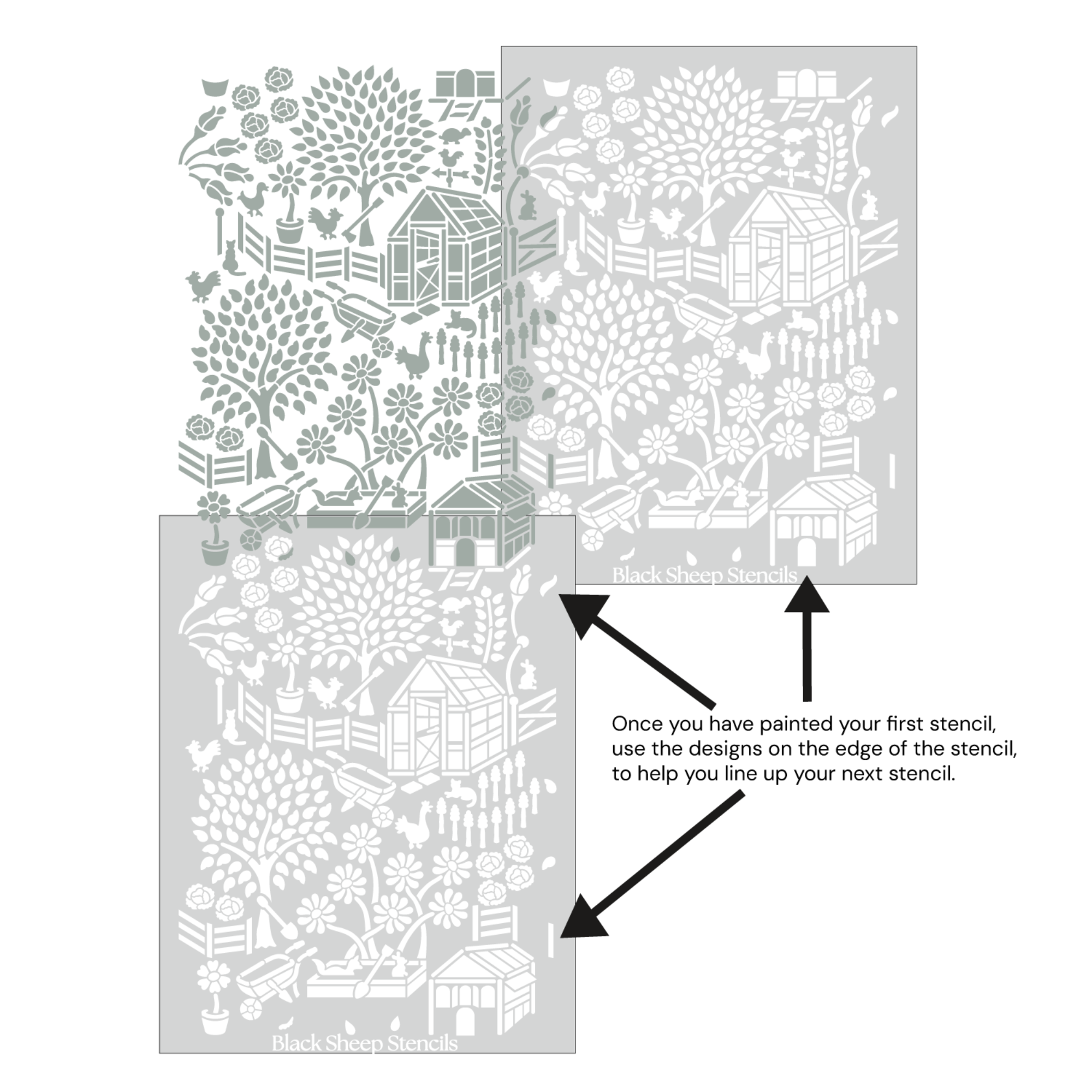 Floral garden wall stencil shown with alignment guides, demonstrating how to line up overlapping stencil sheets for continuous floral pattern during DIY wall painting.