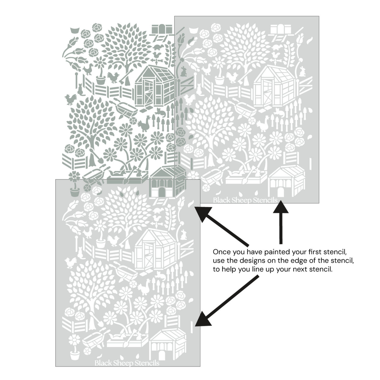 Floral garden wall stencil shown with alignment guides, demonstrating how to line up overlapping stencil sheets for continuous floral pattern during DIY wall painting.