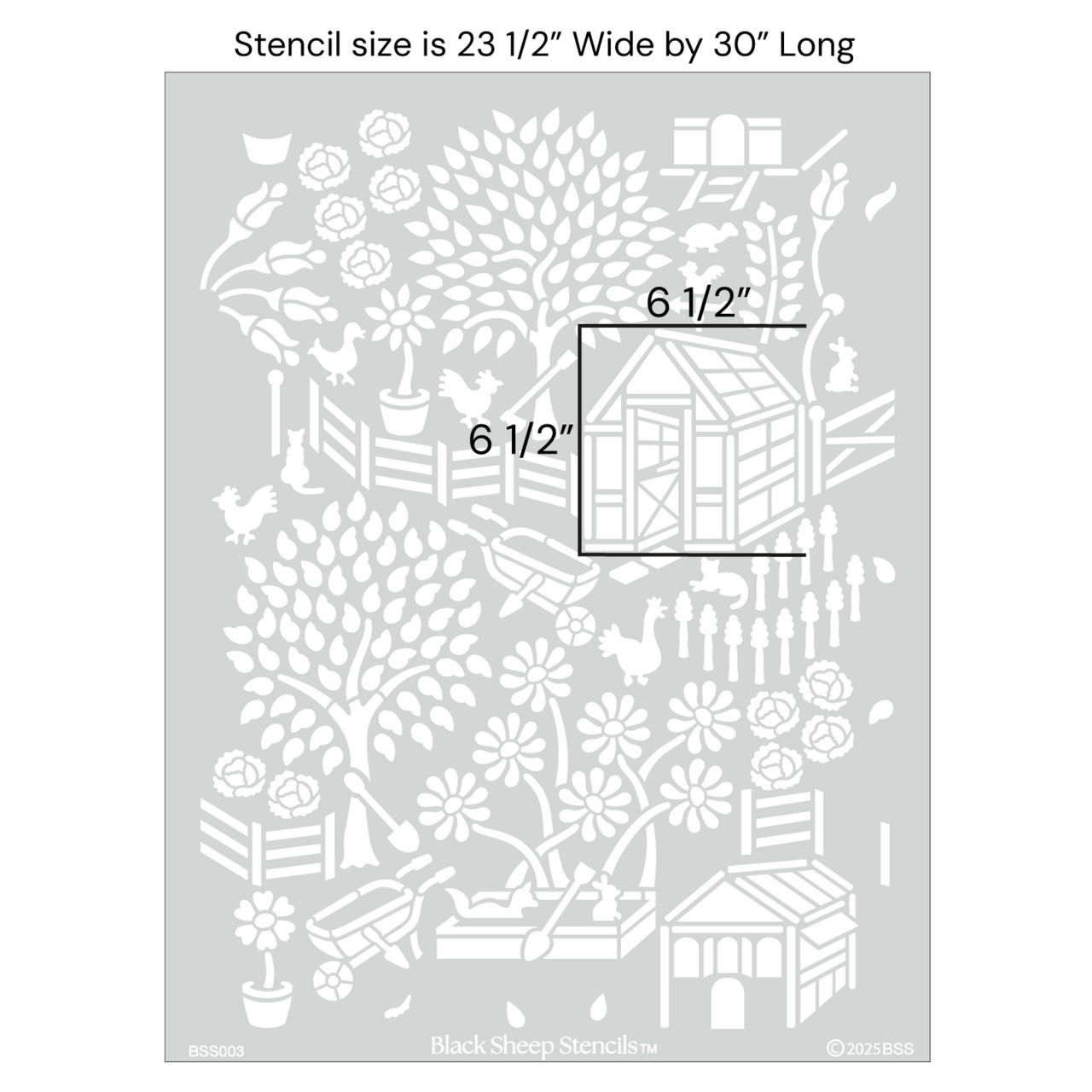 Floral garden wall stencil with product dimensions showing 23 1/2 inches wide by 30 inches long.