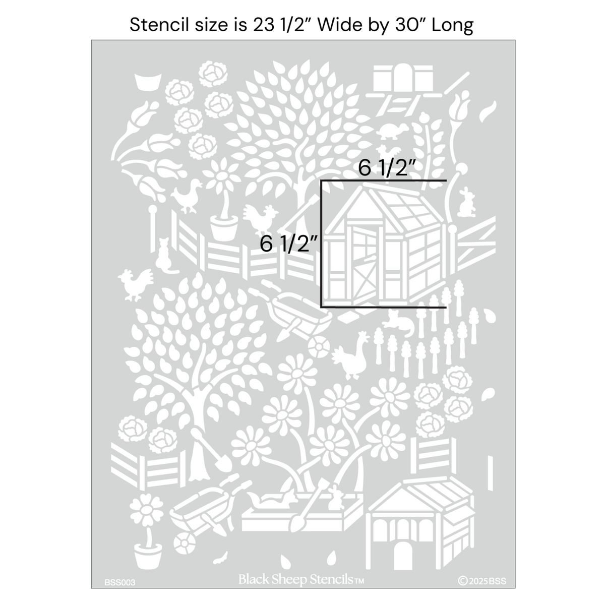 Floral garden wall stencil with product dimensions showing 23 1/2 inches wide by 30 inches long.