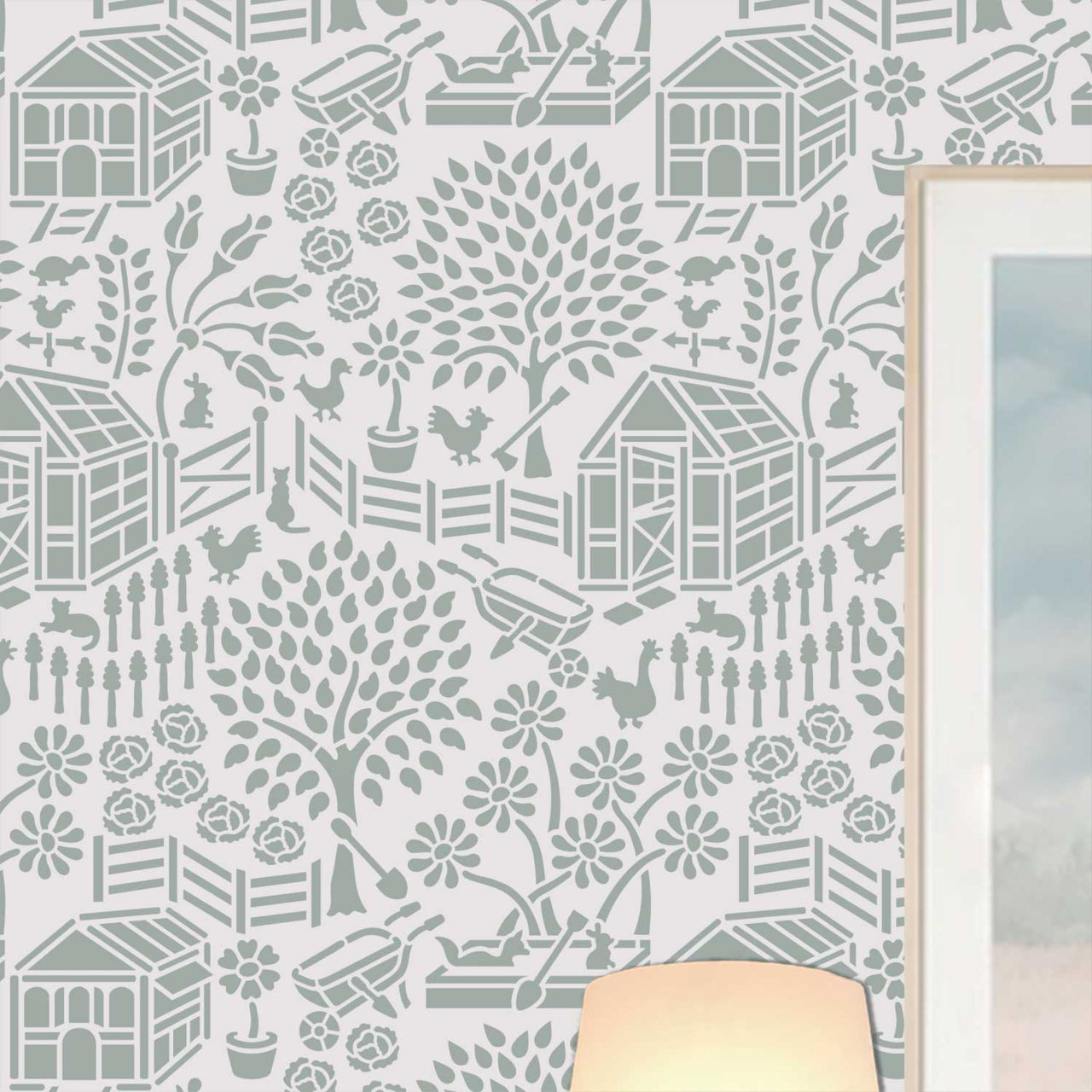 Floral Garden wall stencil pattern with greenhouse, trees, flowers and animals in a soft green and white with repeating motifs, ideal for DIY wall painting and interior decor projects.