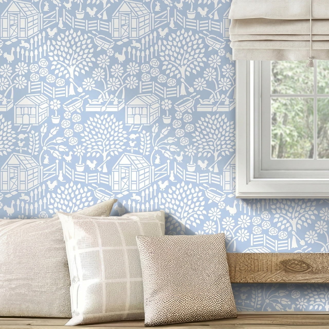 Floral Garden wall stencil applied in a bright room with a wooden bench and a window, and natural light highlighting the light blue and white painted stencil on the wall.