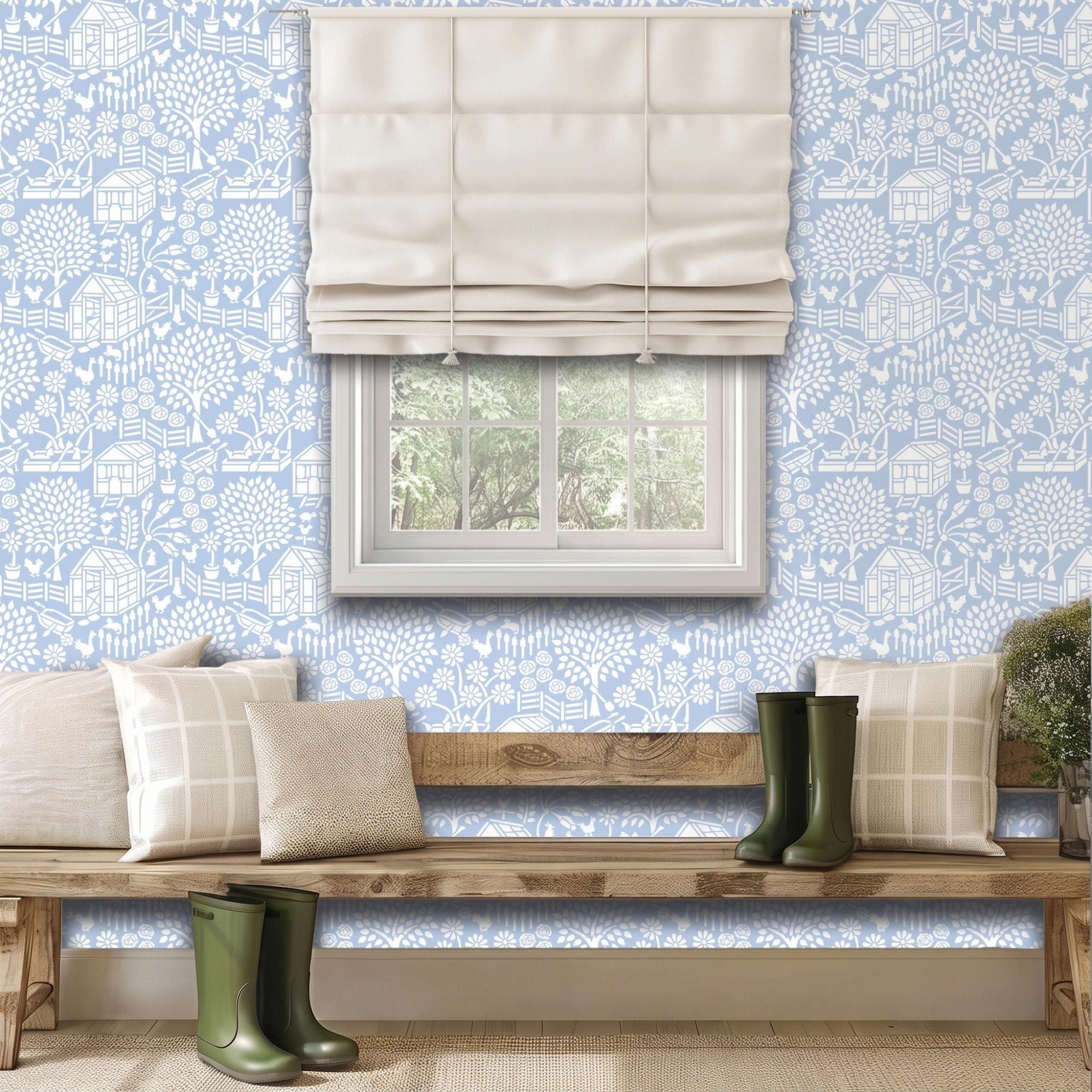 Floral Garden wall stencil applied in a bright room with a wooden bench, wellington boots, cushions and a window, and natural light highlighting the light blue and white painted stencil on the wall.