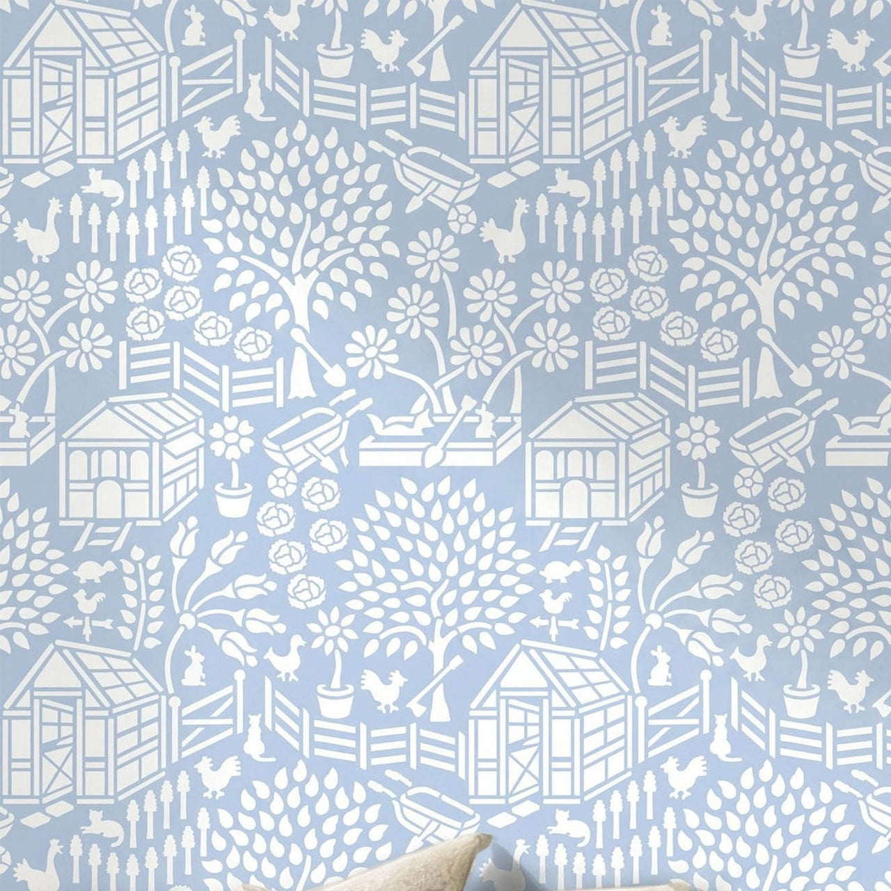 Floral Garden wall stencil pattern with greenhouse, trees, flowers and animals in a light blue and white with repeating motifs, ideal for DIY wall painting and interior decor projects.