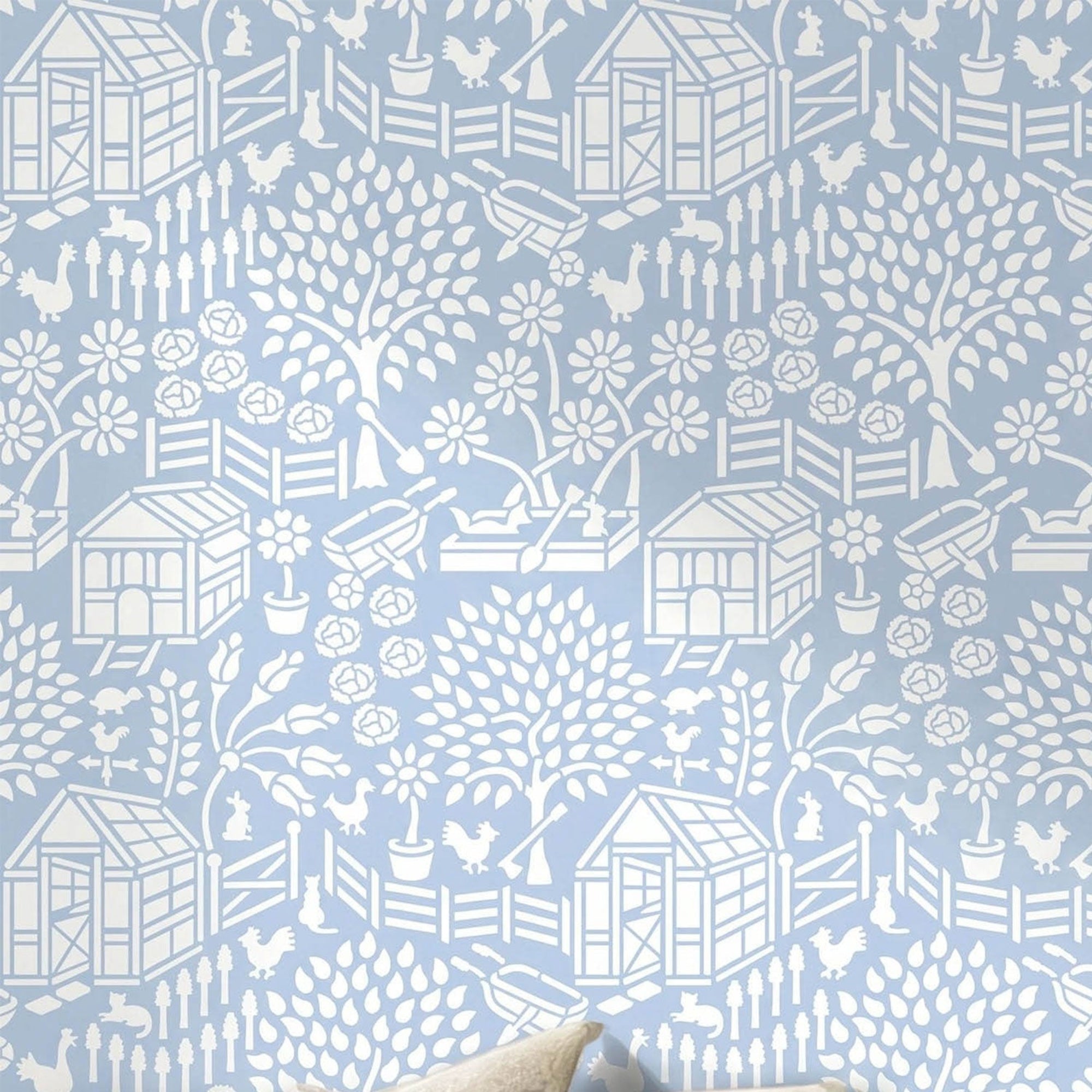 Floral Garden wall stencil pattern with greenhouse, trees, flowers and animals in a light blue and white with repeating motifs, ideal for DIY wall painting and interior decor projects.