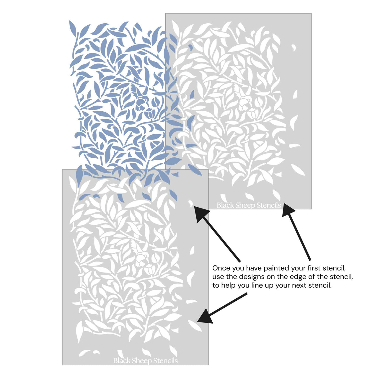 Hummingbird wall stencil shown with alignment guides, demonstrating how to line up overlapping stencil sheets for continuous floral pattern during DIY wall painting.