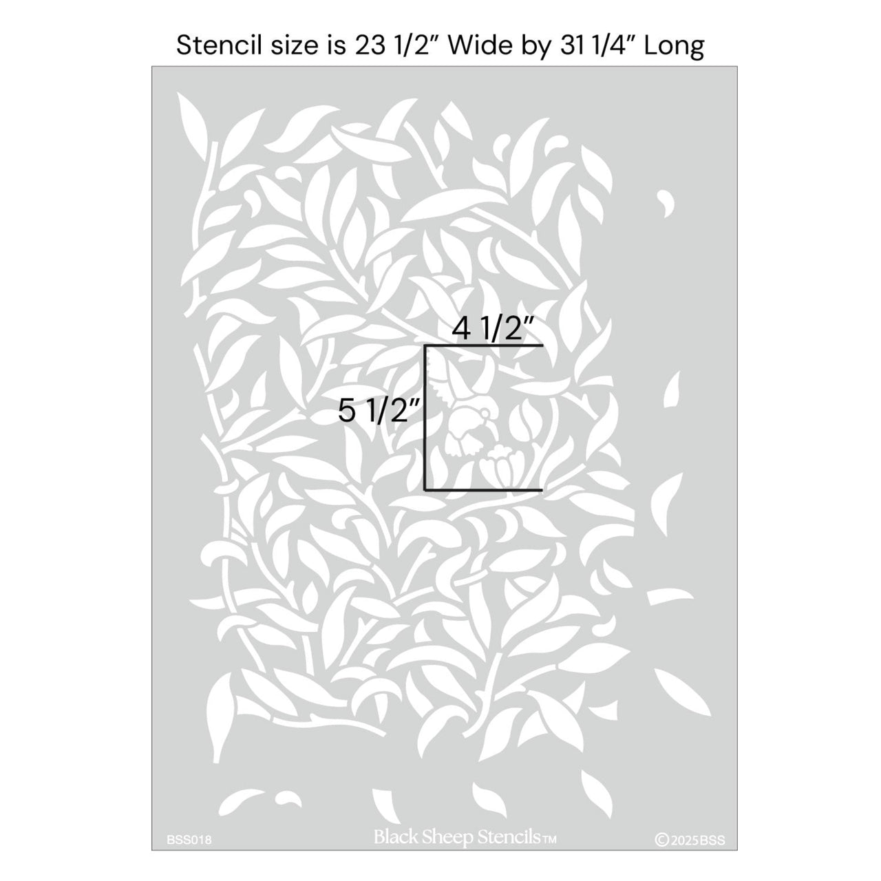 Hummingbird wall stencil with product dimensions showing 23 1/2 inches wide by 31 1/4 inches long.