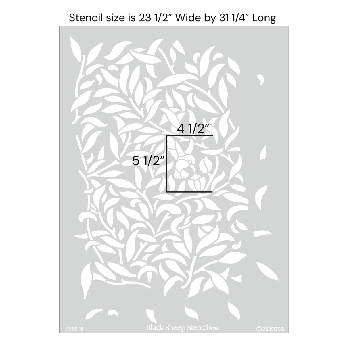 Hummingbird wall stencil with product dimensions showing 23 1/2 inches wide by 31 1/4 inches long.