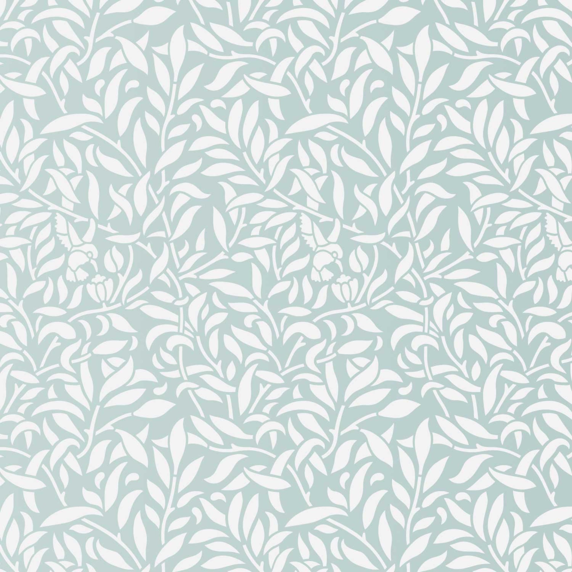 Hummingbird wall stencil pattern with hummingbirds flying amoungested leaves in a pale green and white repeating motif, ideal for DIY wall painting and interior decor projects.