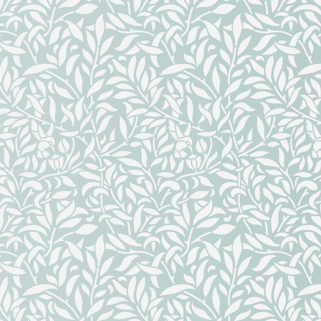Hummingbird wall stencil pattern with hummingbirds flying amoungested leaves in a pale green and white repeating motif, ideal for DIY wall painting and interior decor projects.