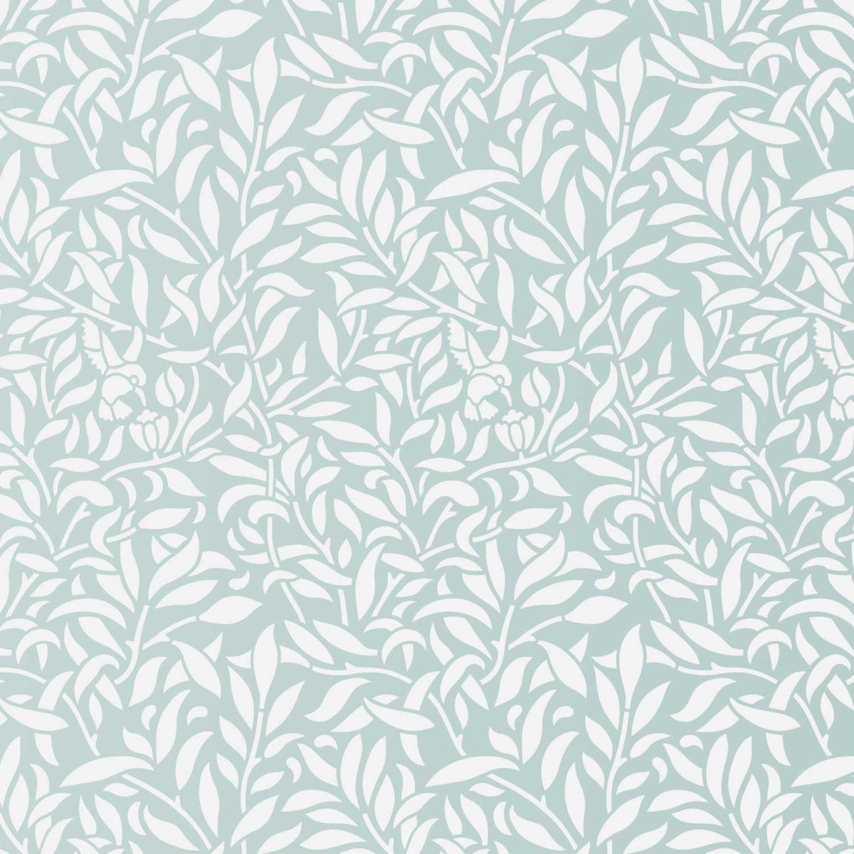 Hummingbird wall stencil pattern with hummingbirds flying amoungested leaves in a pale green and white repeating motif, ideal for DIY wall painting and interior decor projects.