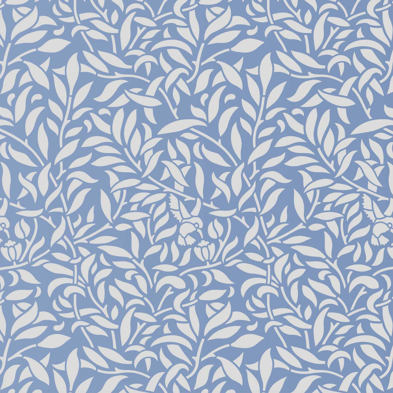 Hummingbird wall stencil pattern with hummingbirds flying amoungested leaves in a blue and white repeating motif, ideal for DIY wall painting and interior decor projects.