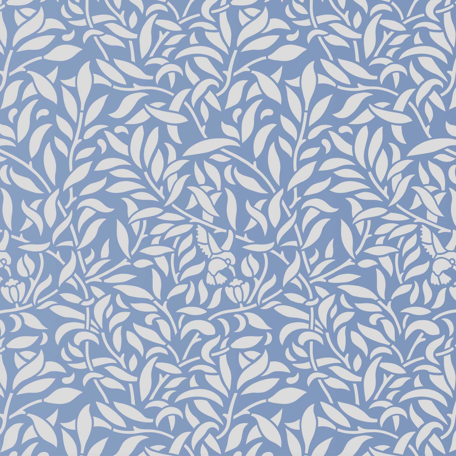 Hummingbird wall stencil pattern with hummingbirds flying amoungested leaves in a blue and white repeating motif, ideal for DIY wall painting and interior decor projects.