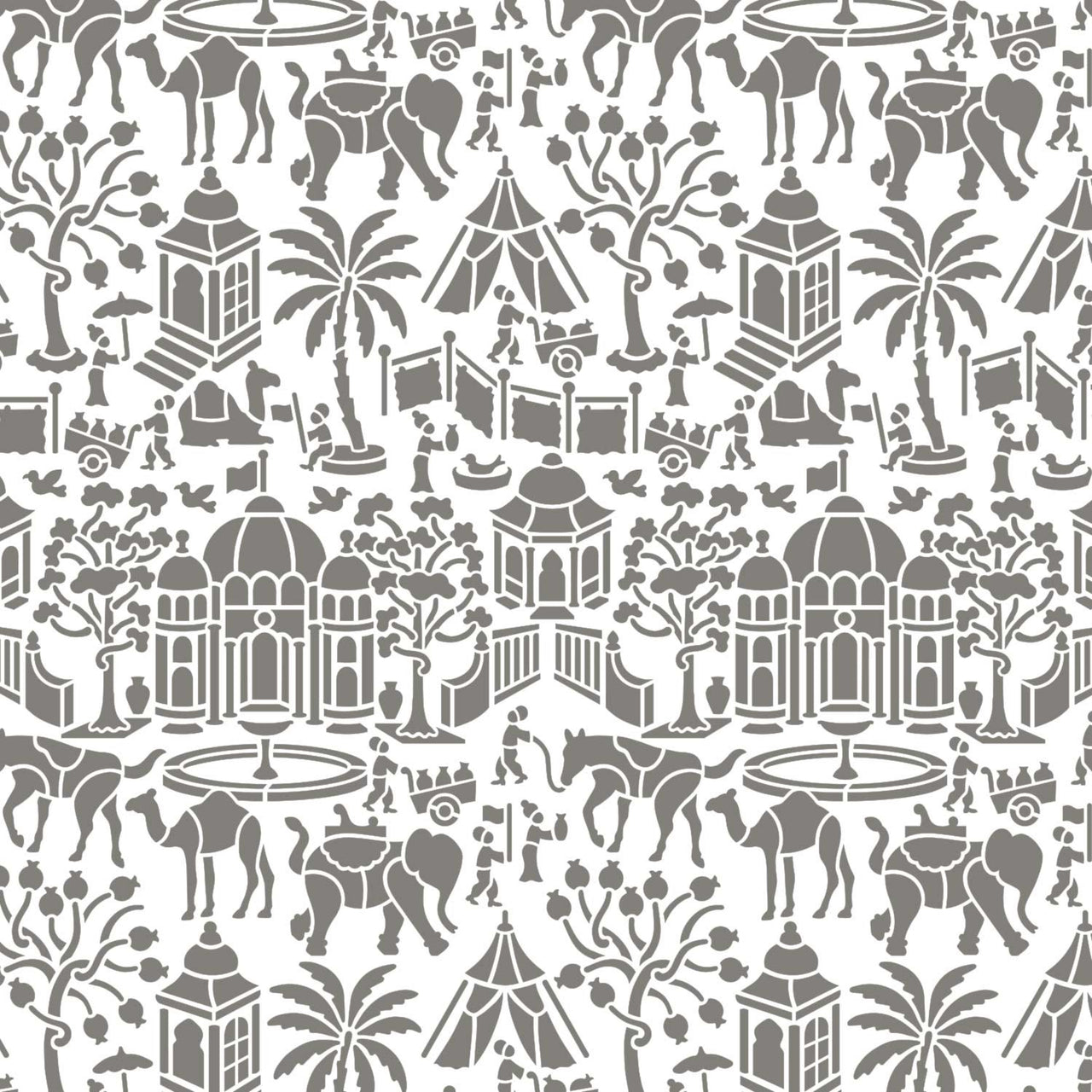 Indian village wall stencil pattern shown in gray and white design with elephant, camel, horse, palm tree, gazebo, and figures repeating motifs, ideal for DIY wall painting and interior decor projects.