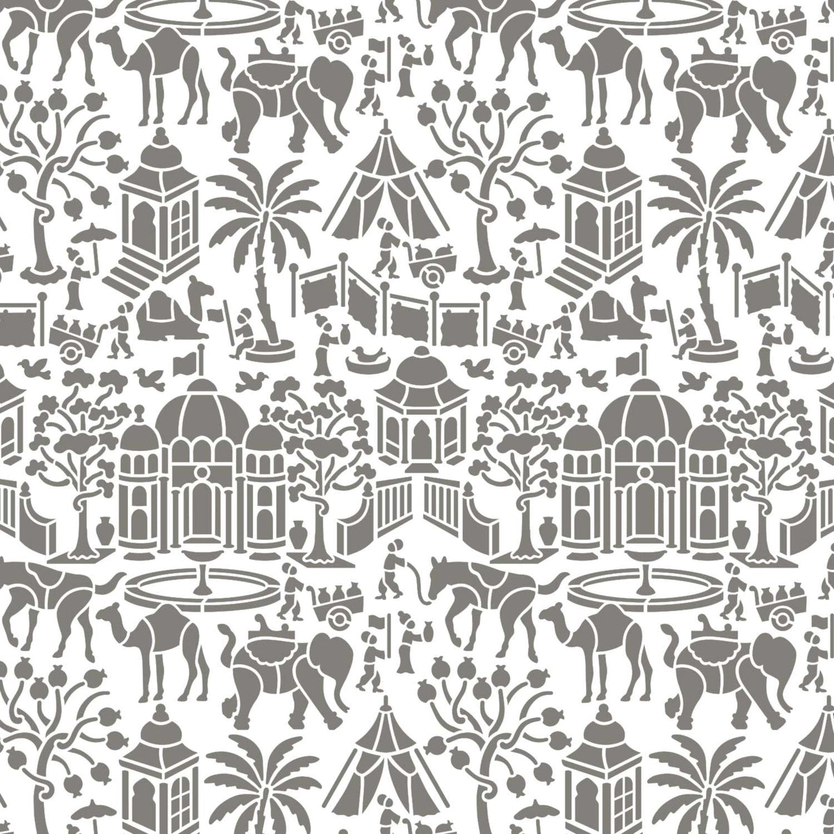 Indian village wall stencil pattern shown in gray and white design with elephant, camel, horse, palm tree, gazebo, and figures repeating motifs, ideal for DIY wall painting and interior decor projects.